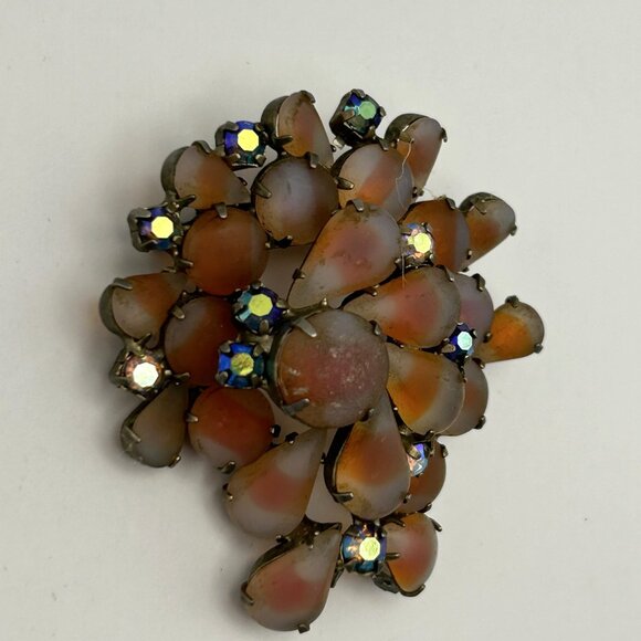 Vintage 1950s Orange Givre Glass Cabochon Arora Borealis Rhinestone Brooch - Picture 12 of 15